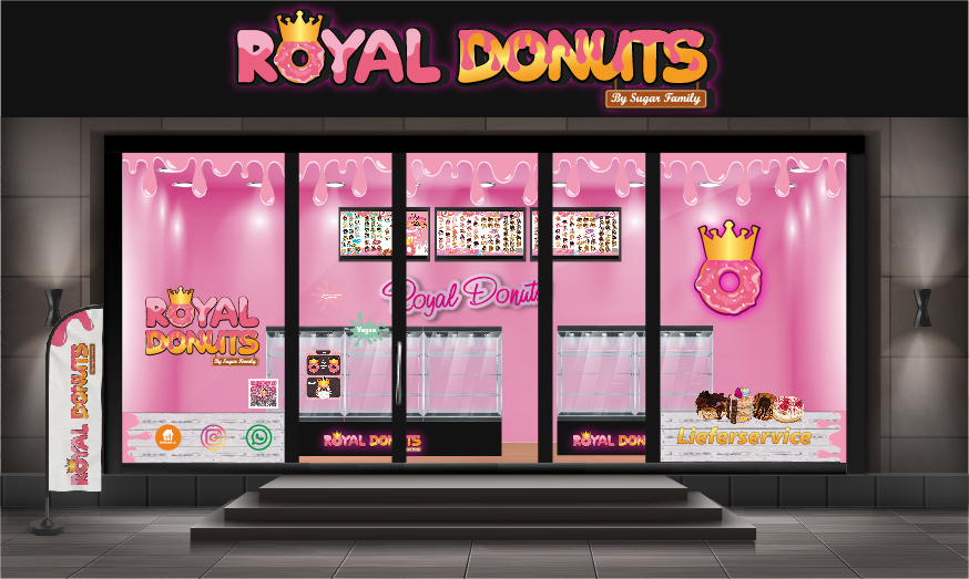 Royal Donuts Franchise Corporate Design - Leuchtbuchstaben, Fensterbeklebung im Digitaldruck, Wandverkleidung und Teckenbeklebung